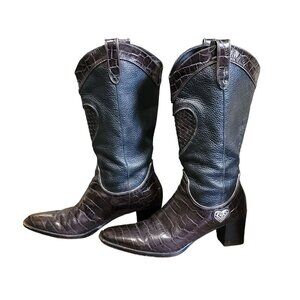 Brighton Toby Brown Black High Heel Cowboy Boots Silver-Tone Metal Heart Size 7N